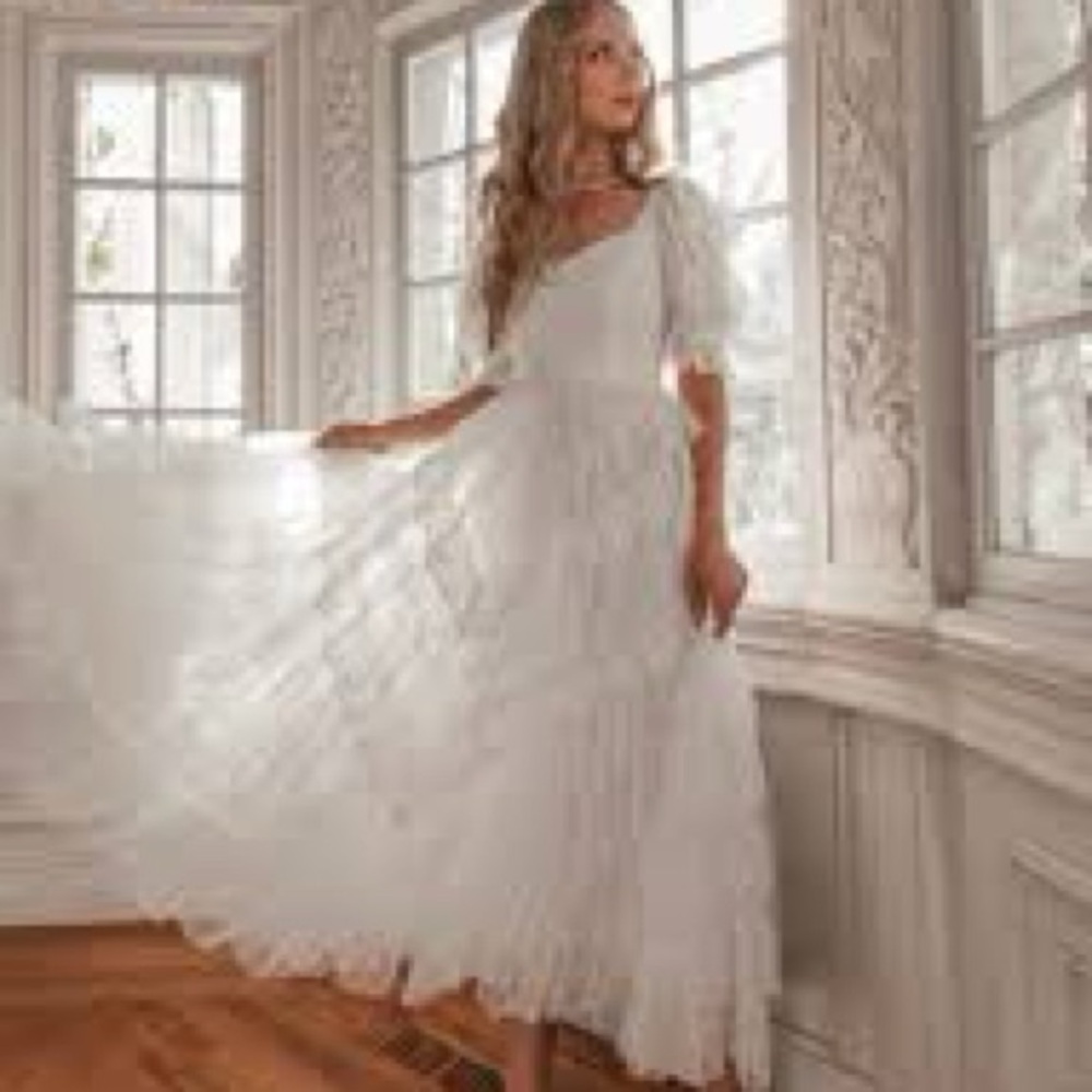 JessaKae White Tiered Lace Puff Sleeve Wedding Dress - Picture 7 of 13